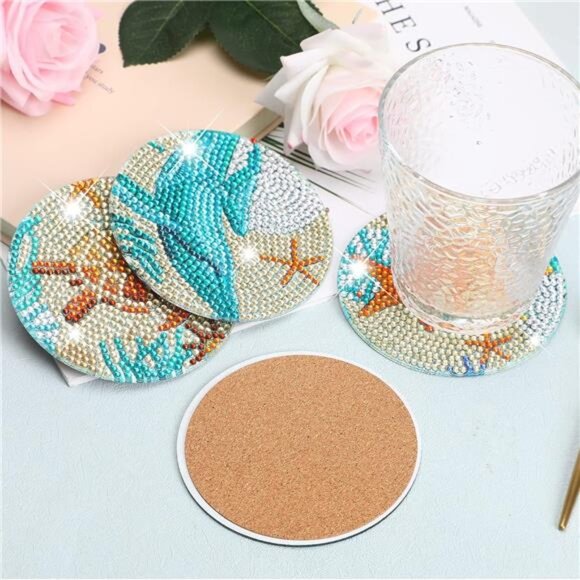 Ocean Diamond Art Painting Coaster Kit, 8Pcs DIY Crafts Kit with HolderNon Slip - Picture 4 of 7